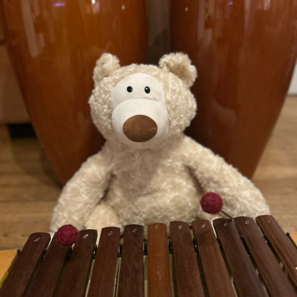 Een knuffelbeer speelt xylofoon